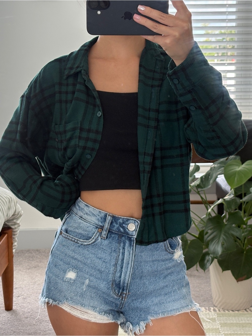 Women's Green Plaid Button-Up Shirt
